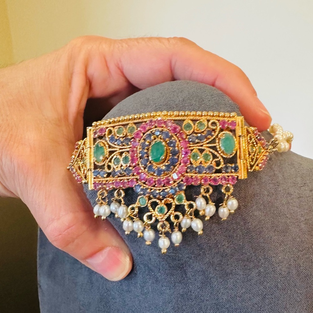 Vintage Estate Luxury Emerald Sapphire Ruby Pearl 24K gold plated Necklace - Picture 12 of 17